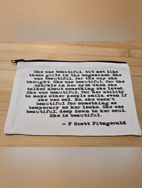 🩷 F Scott Fitzgerald She Was Beautiful Pouch Makeup Bag Literary Canvas NWOT